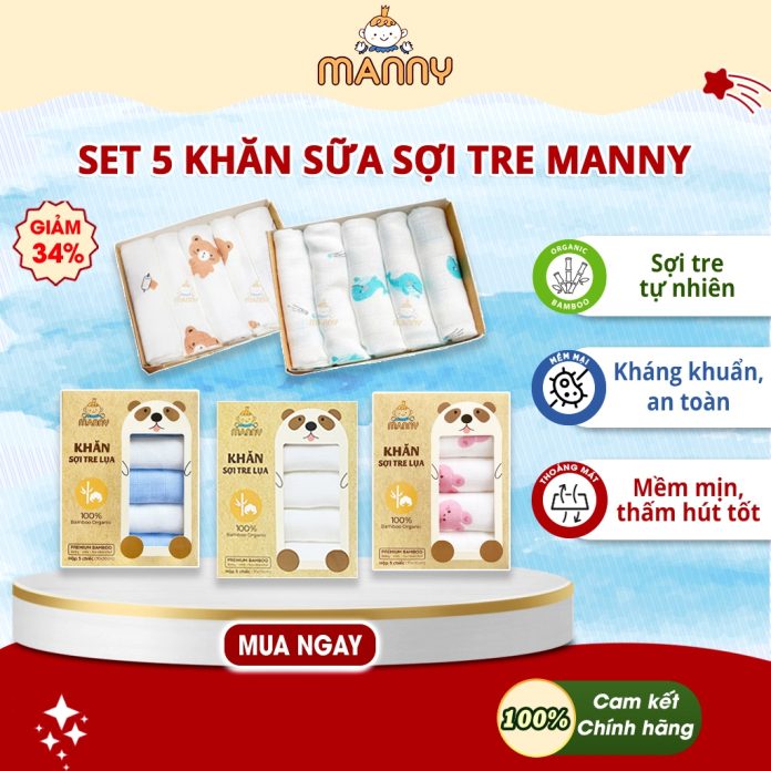 Hộp 5 Khăn Sữa Sợi Tre Cho Bé Manny 100% Organic (30x30cm) Mềm Mịn, Thoáng Nhẹ, Thấm Hút Tốt Hộp 5 Khăn Sữa Sợi Tre Cho Bé Manny 100% Organic (30x30cm) Mềm Mịn, Thoáng Nhẹ, Thấm Hút Tốt