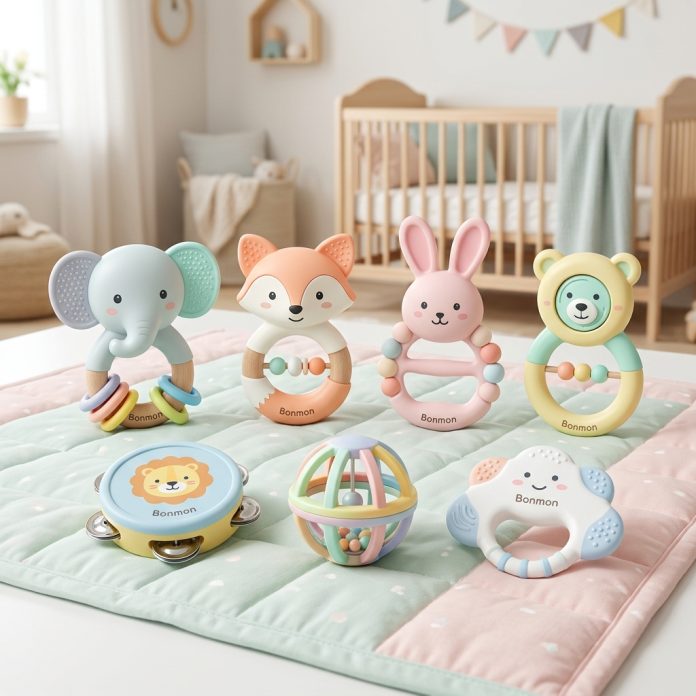 Bộ xúc xắc lục lạc Bonmon 7 món phát triển giác quan cho bé