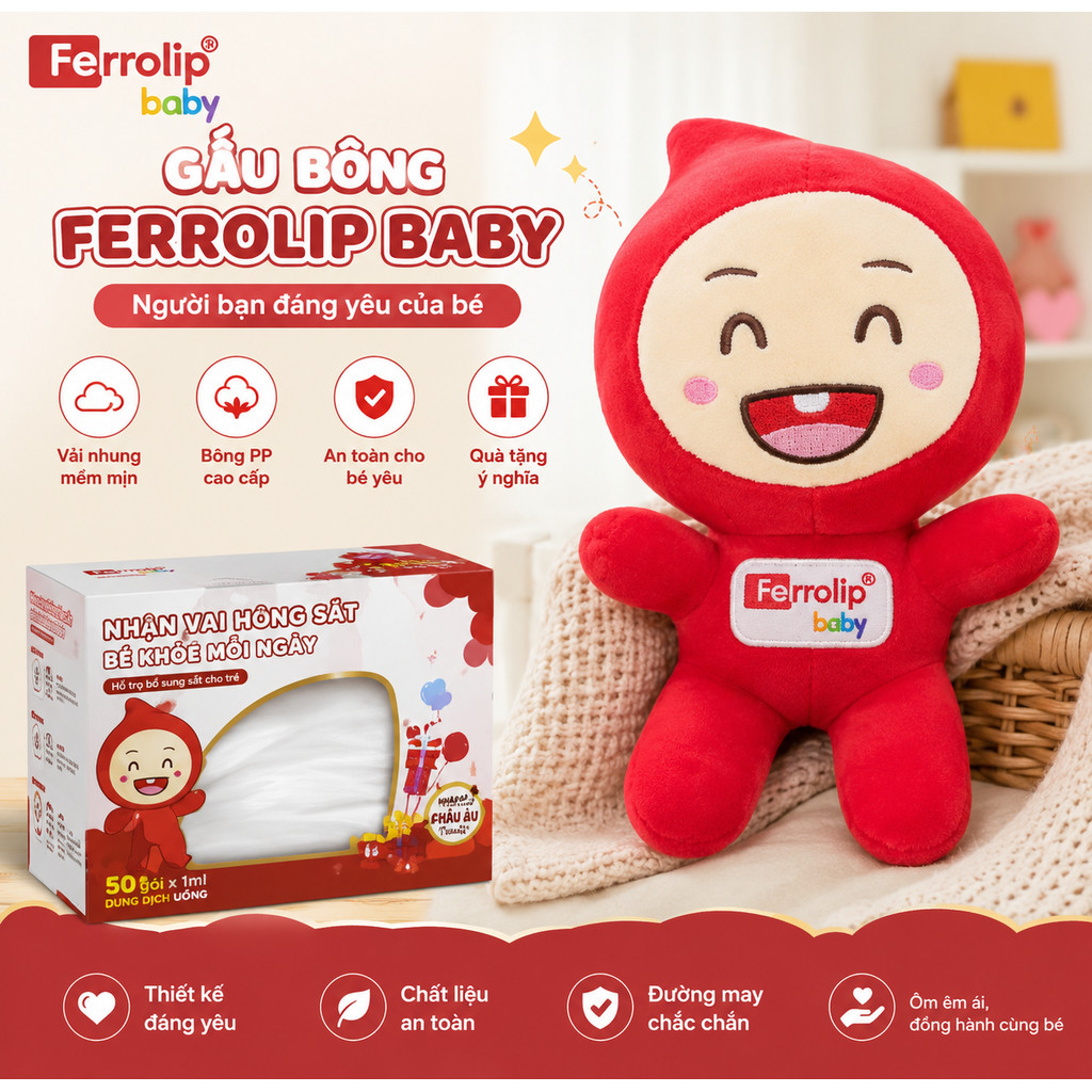 Chất liệu lông cừu mềm mại và thêu logo chính hãng gấu bông Ferrolip Baby