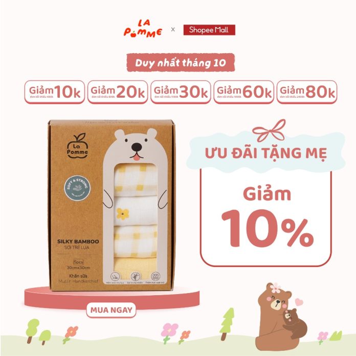 Set 5 Khăn sữa sợi tre lụa La Pomme phối màu (30x30cm)