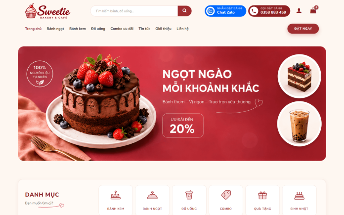 Mẫu Website Bán Bánh Kem & Bakery Đẹp Mắt Chuẩn SEO Cho Cửa Hàng Bánh Ngọt mẫu website bán bánh kem - Sweetie Bakery & Café