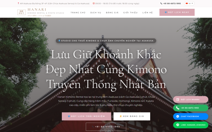 mẫu website thuê trang phục - Hanari Kimono Rental