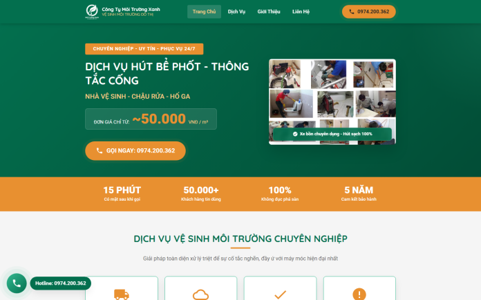 Mẫu Website Dịch Vụ Hút Bể Phốt & Thông Tắc Cống Uy Tín Giá Tốt mẫu website hút bể phốt thông tắc cống - Môi Trường Xanh Urban Eco