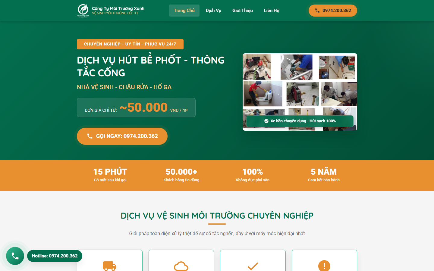 mẫu website hút bể phốt thông tắc cống - Giao diện mẫu website Môi Trường Xanh Urban Eco
